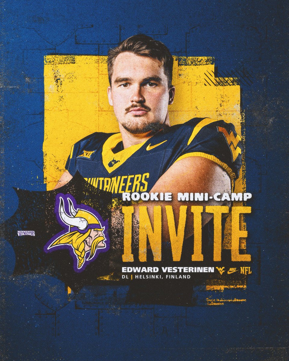 WVUfootball's tweet photo. WV ➡️ MIN

Edward Vesterinen has received a rookie mini-camp invite with the Vikings!

@vesEdward https://t.co/2pHdc4sHPm