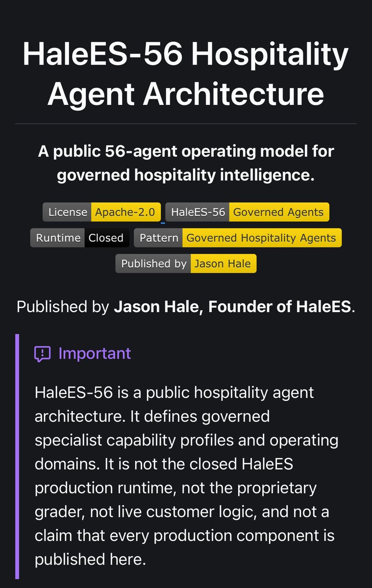 AskSenseiES's tweet photo. HaleES 56 public!

56 hospitality agents in an actual repo.

Not the full system. Not the closed runtime. Not the grader.

Just real architecture others in hospitality can look at, learn from, challenge, or build on.

Restaurants need better systems. So I’m sharing part of mine. https://t.co/fi50JAxLL3