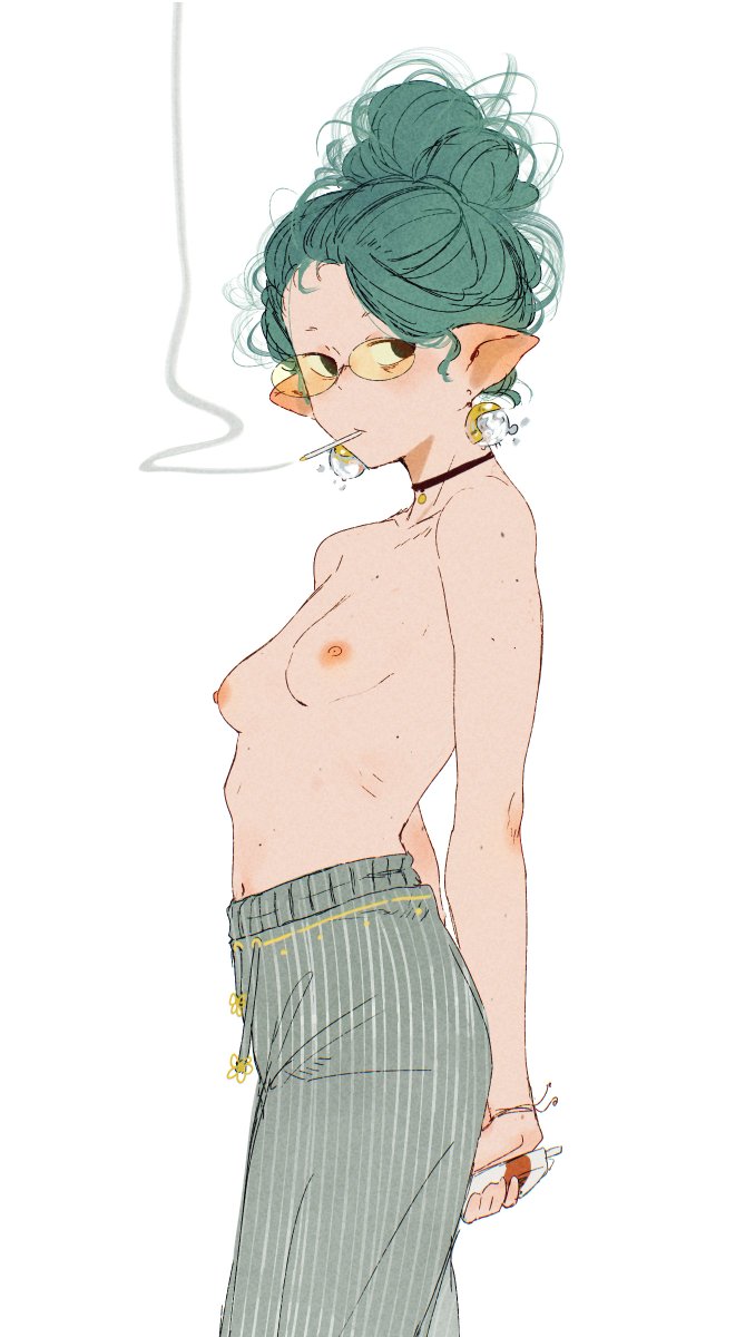 messy bun in a topless/pajama combo <33