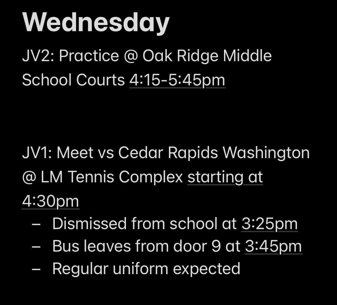 910lmtennis's tweet photo. JV schedule this week

Mon- See below 
Tue- everyone off
Wed- see below
Thu- see below
Fri- Normal practice at LM Tennis Complex for both teams
Sat- JV2 home meet vs Marion 10am https://t.co/afDfdFSSPS