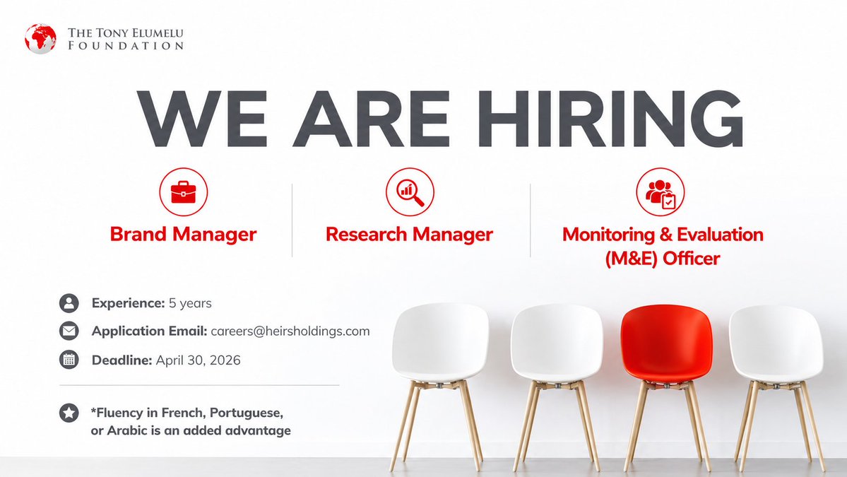 opportunitiesfy's tweet image. 🚀 TEF Jobs 2026 🇳🇬
💼 Brand Officer
 📊Research Manager
 📈M&amp;amp;E Officer
🌍 Impact across Africa
 🤝Global partnerships
📅 30th April, 2026
🔗 wp.me/p23f03-cQ0
💡 Tip: Show impact-driven experience!
#Jobs #Africa #NGO