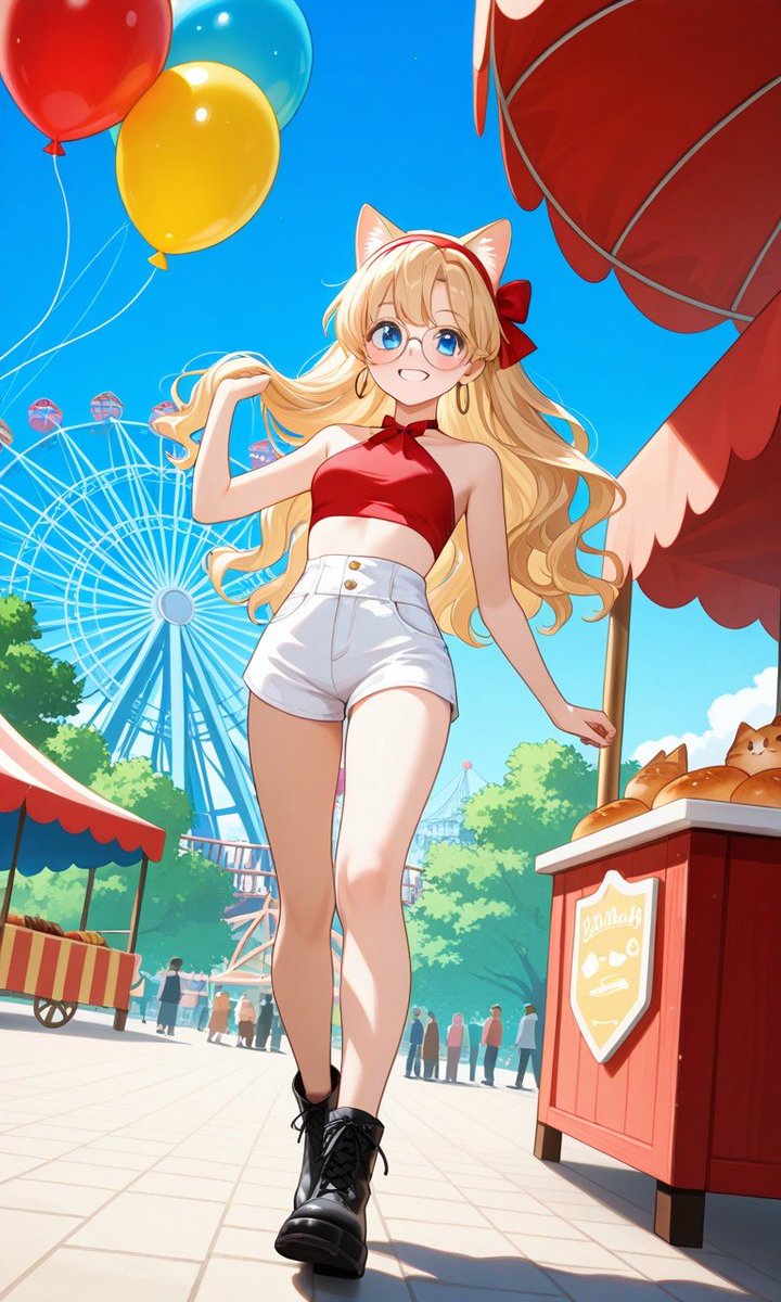 techno_indie's tweet photo. Here's my entry for the 
#ケモミミとメガネっ娘 event! ✨

A cheerful blonde catgirl with glasses enjoying a fun day at the amusement park 🎡 

Her name is Aphrodite! 🩷

Hope you like it! 😺👓

#AIart 
#AIイラスト https://t.co/QOoU3tTp5F