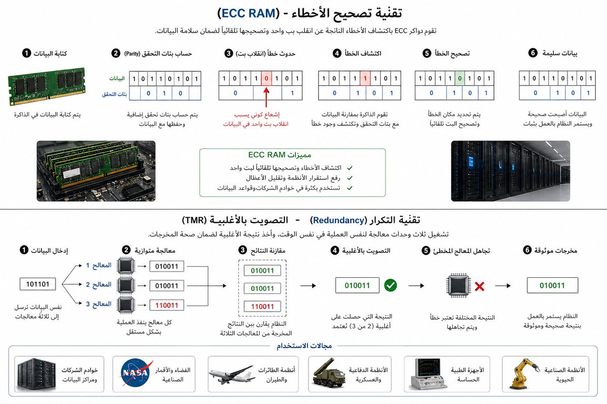 AIVibecode's tweet photo. فيه ظاهرة اسمها انقلاب البت أو الحالة بسبب الأشعة الكونية (Single-Event Upset). كل البيانات اللي نتعامل معها، سواء كانت صور، نصوص، أو حتى أكواد برمجية معقدة، مخزنة بداخل الكمبيوتر على شكل أصفار وآحاد داخل ترانزستورات مجهرية. 

هذه الترانزستورات مثل المفاتيح الصغيرة جداً اللي تحتفظ بالشحنة الكهربائية عشان تمثل الصفر أو الواحد. كوكب الأرض يتعرض باستمرار لقصف بجزيئات عالية الطاقة قادمة من الفضاء السحيق، وغالباً تكون بقايا انفجارات نجوم بعيدة أو حتى من الشمس. 

لما تصطدم هذه الجزيئات بالغلاف الجوي حقنا، تتفتت وتنتج جسيمات أصغر زي النيوترونات. إذا صدف واخترق واحد من هذه النيوترونات سقف غرفتك، وبعدين اخترق جهاز الكمبيوتر حقك واصطدم تحديداً بشريحة الذاكرة (RAM) أو المعالج (CPU)، فهذا النيوترون يمتلك طاقة كافية عشان يغير الشحنة الكهربائية لخلية ذاكرة واحدة. 

بالتالي يقلب الصفر إلى واحد، أو الواحد يقلبه إلى صفر. يعني معلومة كاملة ممكن تتغير بسبب جسيم صغير سافر لملايين السنين الضوئية.

عام 2003 في انتخابات بلجيكا وقتها لاحظ المسؤولون إن فيه مرشحة حصلت على عدد أصوات غير منطقي أبداً في نظام التصويت الإلكتروني. 

بعد ما دققوا في التحقيق، اكتشفوا إن رصيدها زاد فجأة بمقدار 4096 صوتاً بالتمام. ليه هذا الرقم بالذات، مهندسي الكمبيوتر يعرفون إن الرقم 4096 هو بالضبط نتيجة 2 أس 12. 

الاستنتاج الهندسي الوحيد المنطقي كان إن فيه إشعاع كوني ضرب الذاكرة وقت التصويت وقلب البت رقم 13 من صفر إلى واحد، ورفع الأصوات بهذا الشكل العجيب.

أيضاً في عام 2013، كان فيه لاعب يبث مباشر للعبة سوبر ماريو (Super Mario 64)، وفجأة وبدون أي مقدمات، شخصية ماريو انتقلت عبر السقف بشكل مستحيل يصير برمجياً في اللعبة. 

لما حاول المبرمجين بعدين يحللون الخطأ ويفهمون وش صار، وجدوا إن الطريقة الوحيدة عشان يصير هذا الشيء هي لو انقلب بت واحد فقط في إحداثيات ارتفاع الشخصية داخل الذاكرة، والسبب المرجح الأول كان إشعاع كوني. 

أيضاً في طيران كانتاس الأسترالي، عام 2008، صار انقلاب لبت واحد في كمبيوتر الطائرة. هذا الخطأ البسيط خلى النظام يعتقد إن الطائرة ترتفع بزاوية حادة جداً، بالتالي الطيار الآلي تجاوب ووجه الطائرة للأسفل بشكل عنيف. هذا الانحدار المفاجئ أدى لإصابة عدد من الركاب قبل ما يتدارك الطيارون الموقف.

بما إننا ما نقدر نوقف الأشعة الكونية من اختراق الغلاف الجوي، كان لازم المهندسين يبتكرون حلول تحمي الأنظمة الحساسة. عشان كذا ظهرت ذواكر (ECC RAM)، وهي عبارة عن ذواكر تمتلك خوارزميات برمجية وهندسية قادرة على اكتشاف الأخطاء وتصحيحها إذا انقلب بت واحد فقط. 

هذه الذواكر تستخدم بكثرة في خوادم الشركات الكبيرة عشان تضمن استقرار البيانات. أما في الأماكن شديدة الحساسية زي وكالة ناسا أو أنظمة الطائرات، المهندسين يستخدمون مبدأ التكرار (Redundancy). 

يعني بدل ما يعتمدون على معالج واحد ممكن يغلط، يشغلون ثلاثة معالجات تسوي نفس العملية الحسابية في نفس الوقت. وإذا أخرج واحد من المعالجات نتيجة مختلفة، اللي احتمال كبير يكون بسبب إشعاع كوني، النظام يأخذ رأي الأغلبية ويتجاهل المعالج المخطئ تماماً.