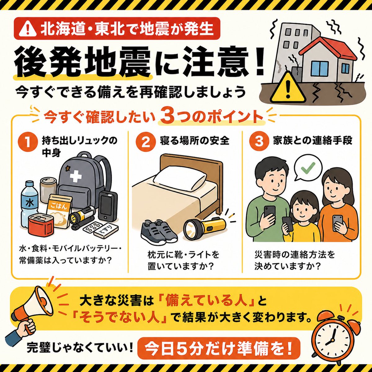 GEOSTEXTILE's tweet photo. 北海道・東北で地震が続いています。  

今すぐ確認して

① 持ち出しリュックの中身  
→ 水・食料・モバイルバッテリー・常備薬は入っているか

② 寝る場所の安全  
→ 枕元に靴・ライトを置いていますか

③ 家族との連絡手段  

#地震 #防災 #後発地震注意 #備えあれば憂いなし https://t.co/ZqlJeU17bP