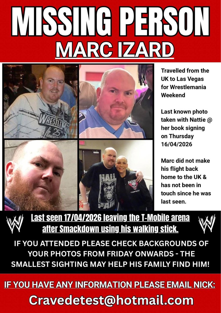 IrishWrestleT's tweet photo. Please share this as much as possible, Marc’s family are still in the dark about his whereabouts #lasvegas #wrestlemania #wwe https://t.co/QXm8qsTl3q