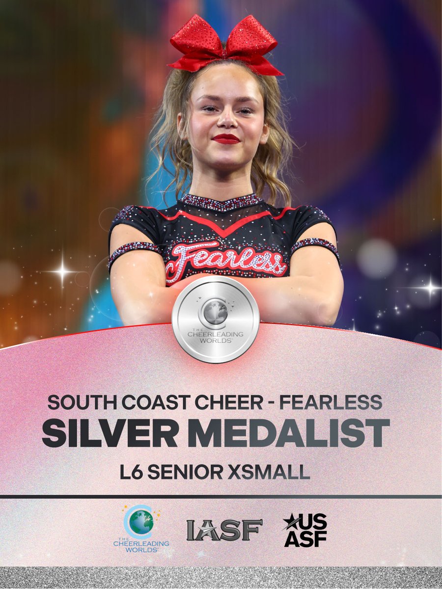 FloCheer's tweet photo. Congratulations to the #CheerWorlds2026 L6 Senior XSmall Medalists!

🥇The California All Stars-San Marcos - Lady Bullets
🥈South Coast Cheer - Fearless
🥉East Celebrity Elite - Hingham - BLACK DIAMONDS

📸: Action Moments https://t.co/aQFKDkUSjO