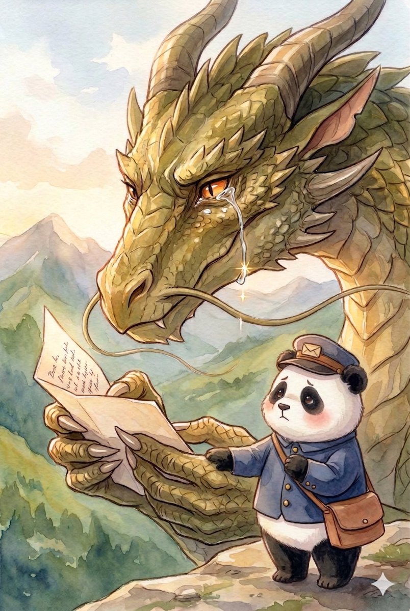 Panda_Studio_Ai's tweet image. ドラゴンは てがみを しずかに よんでいます。
「フクロウせんせい……」
おおきな めに、ひかりが にじみました。

#パンダ #panda #パンダ絵本 #てがみをとどけに