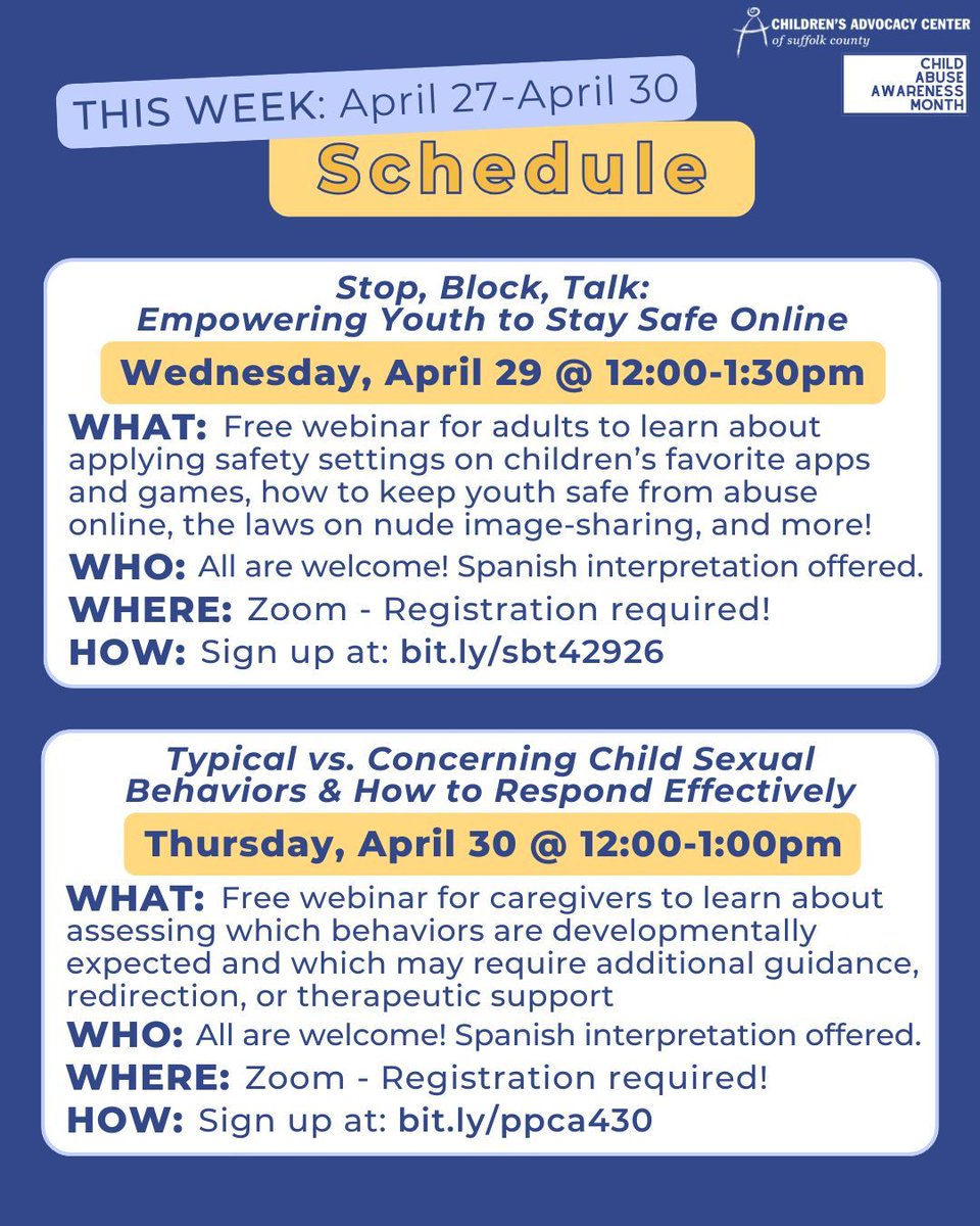 SuffolkCAC's tweet photo. We can't believe it's already the last week of #ChildAbuseAwarenessMonth! But don't worry - there are still plenty of opportunities to learn more about preventing &amp; responding to child abuse coming up!

#ChildAbuseAwareness #ChildAbusePrevention #ChildAbusePreventionMonth https://t.co/0fX8ZoO9HZ