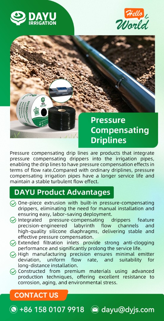 DAYUIRRIGATION's tweet image. DAYU Pressure Compensating Driplines 💧

✅ No manual dripper installation
✅ Stable flow, anti-clogging, long life
✅ Perfect for long runs &amp;amp; slopes
#DAYUIrrigation #PressureCompensating #DripIrrigation #SmartFarming #AgTech