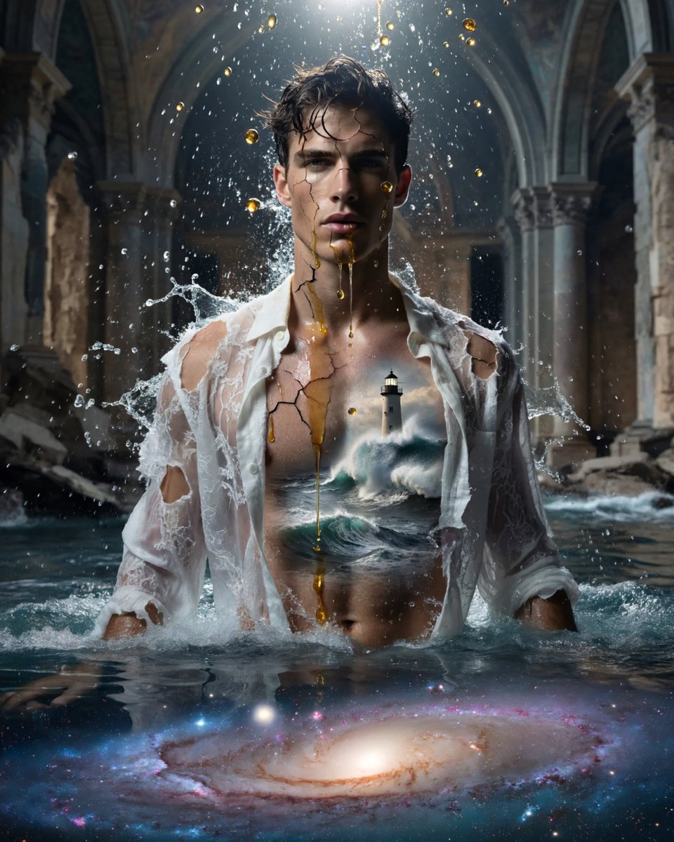 Where the ocean meets the soul and the stars align. A surreal vision of elemental fusion, from the golden liquid gold tracing every crack to the galaxy swirling at his feet. ImagineArt 2.0 brings this impossible dream to life with breathtaking photorealistic precision.