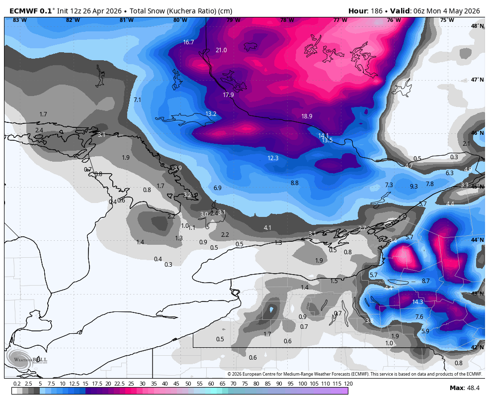 WxOntario1's tweet image. Latest 🇪🇺 snowfall map valid from May 1st to May 4th...

Most of this will melt on contact but wild to see snowfall being shown for early May across Southern #Ontario

#OnWX #ONStorm