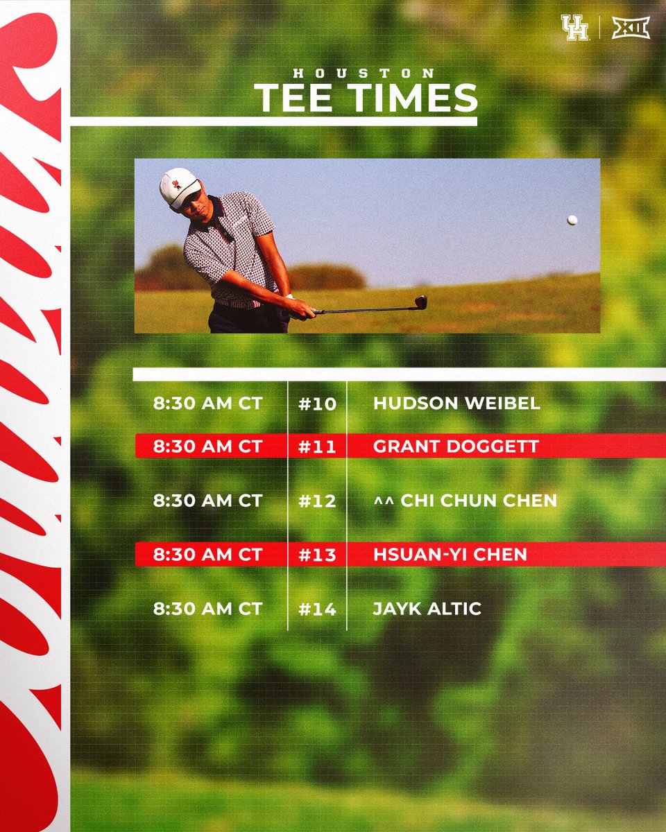 UHCougarMGolf's tweet image. .@Big12Conference Championship First Round tee times for Monday

Second Round to immediately follow

📊 – bit.ly/4vGdJ1Y

#GoCoogs