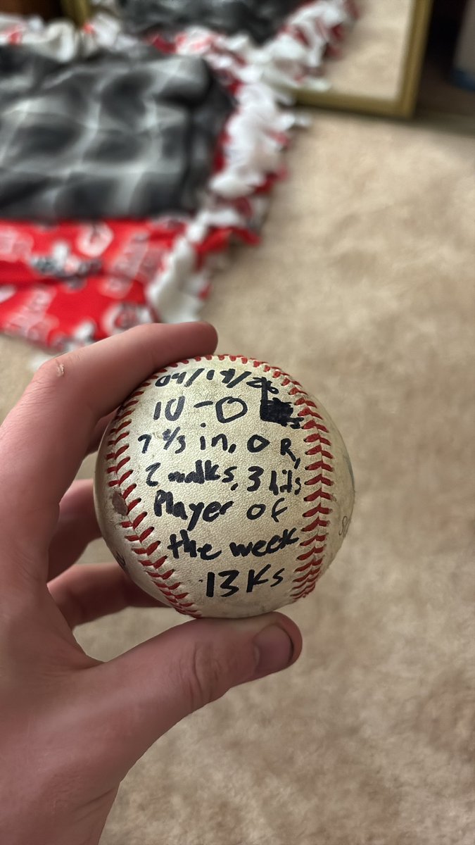 brevenanderson4's tweet image. Game ball from last week of my 18+ men’s league. Pitched 7 2/3 innings out of 8 (mercy rule). Gave up 3 hits, 2 walks, 0 runs, and had 13 strikeouts. All glory to God, wouldn’t be in this position without Him. Also praise my tm8s for being solid behind me! #baseball #ncaa