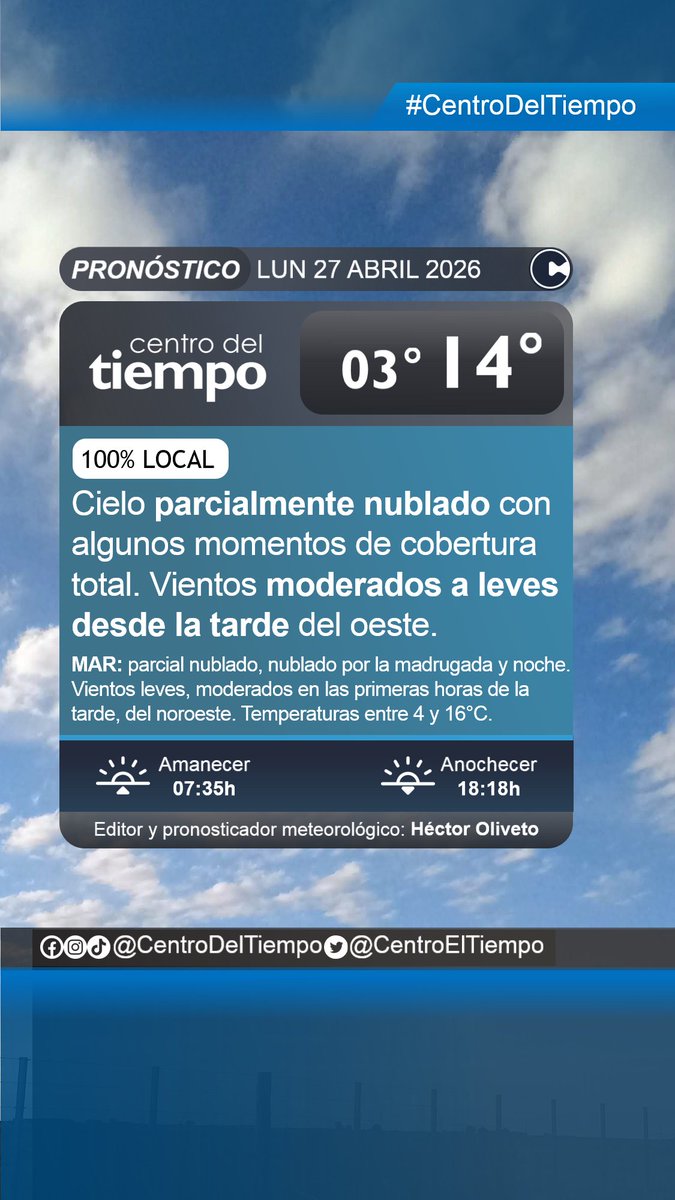 centroeltiempo's tweet image. Nuestra previsión meteorológica 100% local para mañana lunes 27 de abril y un adelanto para el martes 28 acá:
🕗Emisión 26/04/26 19:45 h
⚠️Válido para el área triciudad de #Azul, #Olavarría y #Tandil en el centro de la #ProvinciaDeBsAs.