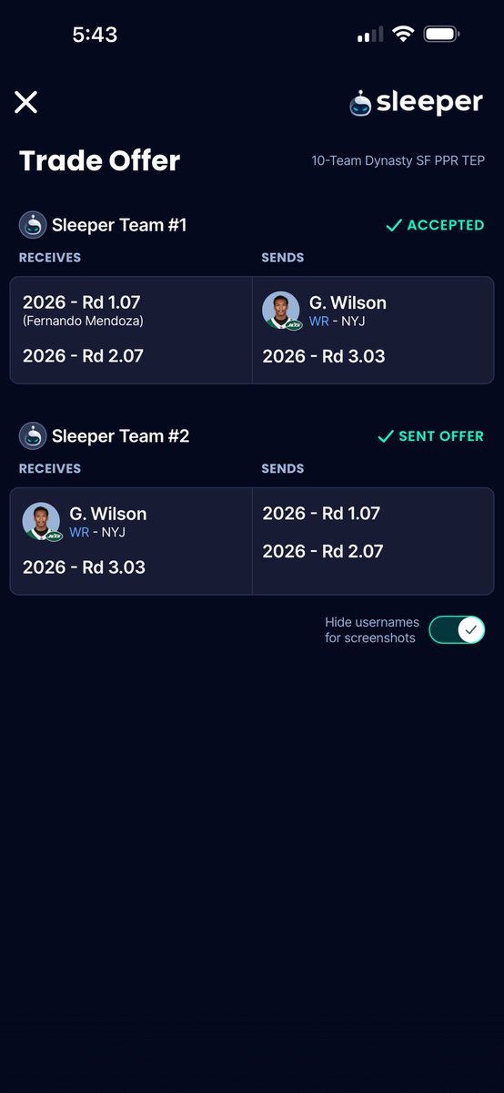 LuK3TheDuke's tweet photo. @DynastyDadFF Took Tyson at 1.03 and traded in at 1.07 other QB's are Baker, Dart, Milroe. WR room stacked. https://t.co/KRReHQJfCV