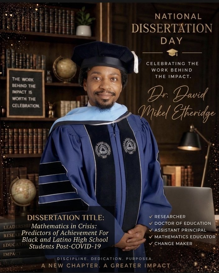 MathMastermind1's tweet photo. Happy #NationalDissertationDay! 🎓🖤 My dissertation is LIVE. Read Mathematics in Crisis: Predictors of Achievement for Black and Latino High School Students Post-COVID-19 here 👇🏾
🔗 https://t.co/sCokYyyNDm https://t.co/GpyPxrjBv7