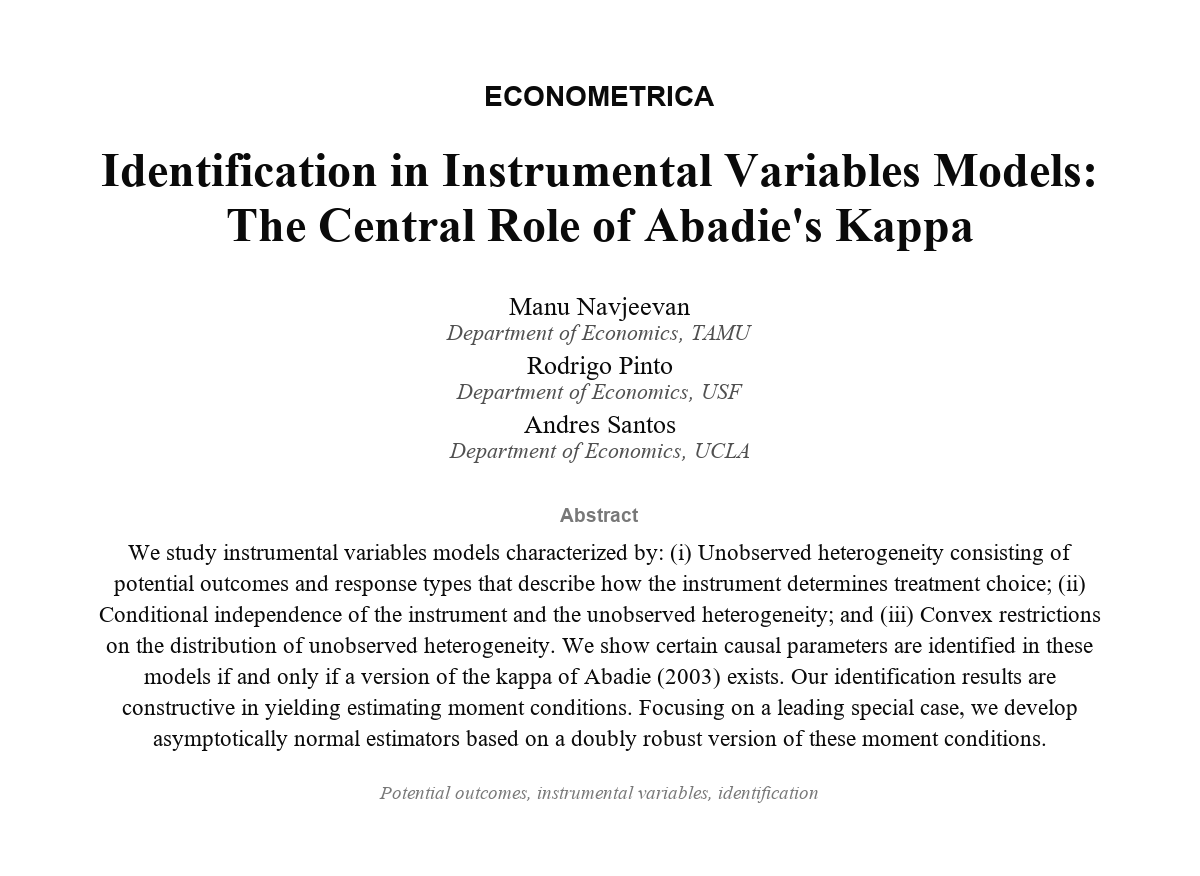 ecmaEditors's tweet photo. When are causal parameters identified in instrumental variables models? This paper shows many such models share a common necessary and sufficient condition for identification that is constructive and suggests a simple sample-analogue estimator.
https://t.co/rF6Qrd38bo https://t.co/ijbKd8eF1P