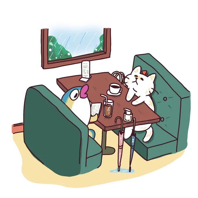 土砂降り雨の月曜日! 早い人だと今日からゴールデンウィークです! こんな日はカフェで読書でもしましょうか! 最近本屋さん併設のカフェありますよね!行ってみたいな! #イラスト #illustration