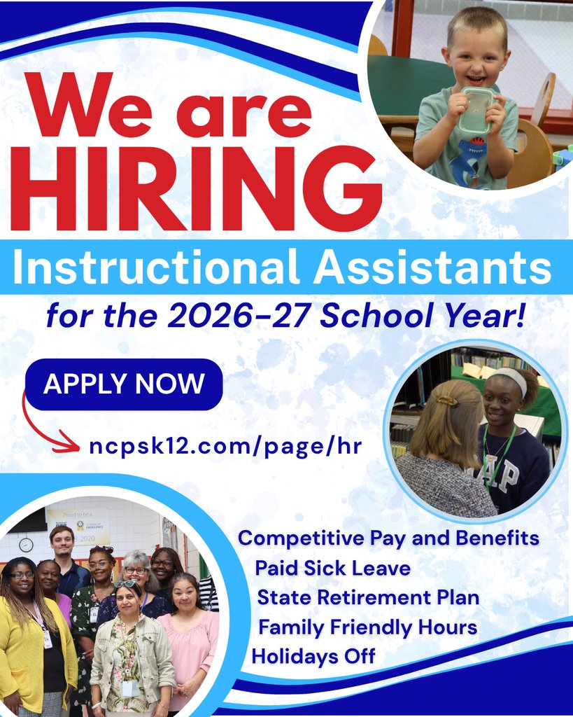 NCPS_VA's tweet image. Make a difference and love where you work! ✨ We're hiring IA's for the 26-27 school year.

Ready to join the NCPS family?
 🍎Apply now: ncpsk12.com/page/hr

#NCPS #EducationJobs #JoinOurTeam #NowHiring #MakeAnImpact