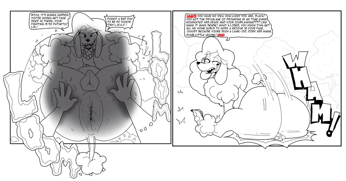Existimatio3's tweet photo. Youve found yourself in a terrible place. Its a baad baad baddd day to be tiny. youre gonna find that out first hand. Lucky all that fat pillowy poodle meat will break her weight! so you wont be crushed to death! 
==========
DRAWN IN THE STREAAAM https://t.co/lOqE3l36uK