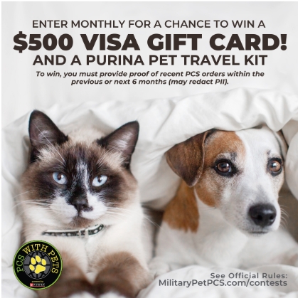 mymilitarypets's tweet image. 📦 Moving with pets can be tough, but we’ve got your back! 🐾 Active-duty military families, enter now for a chance to win a $500 Visa Gift Card to help with your PCS move. 💳 Visit PCSwithPetsSweeps.com to sign up! #PurinaPCS #MilitaryPets #Moving #PCSwithPets @yourcommissary