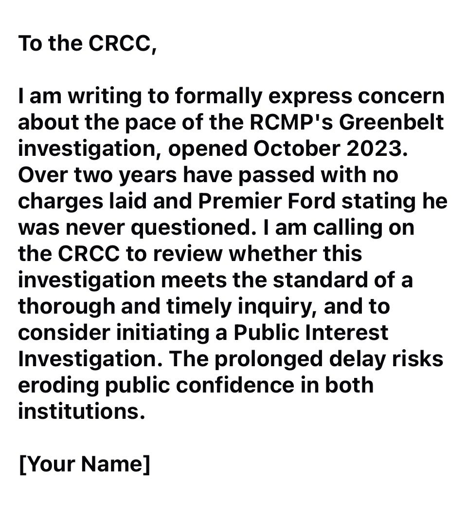 On October 10, 2023, the RCMP announced a criminal investigationinto the Ontario government's decision to open protected Greenbelt lands. To date that work remains incomplete. Here is what Ontario residents can lawfully do about it.  #onpoli #StopFord #FightFord #FordIsCorrupt