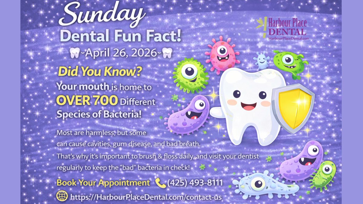 HarbourPlDental's tweet image. 🦷 Sunday Dental Fun Fact

Your mouth has 700+ species of bacteria! 😲 Most are harmless—but some can cause cavities &amp;amp; gum disease.

Keep your smile healthy with brushing, flossing &amp;amp; regular visits! 😄

📞 (425) 493-8111
🌐 HarbourPlaceDental.com/contact-us

#SundayDentalFun #HealthySmiles