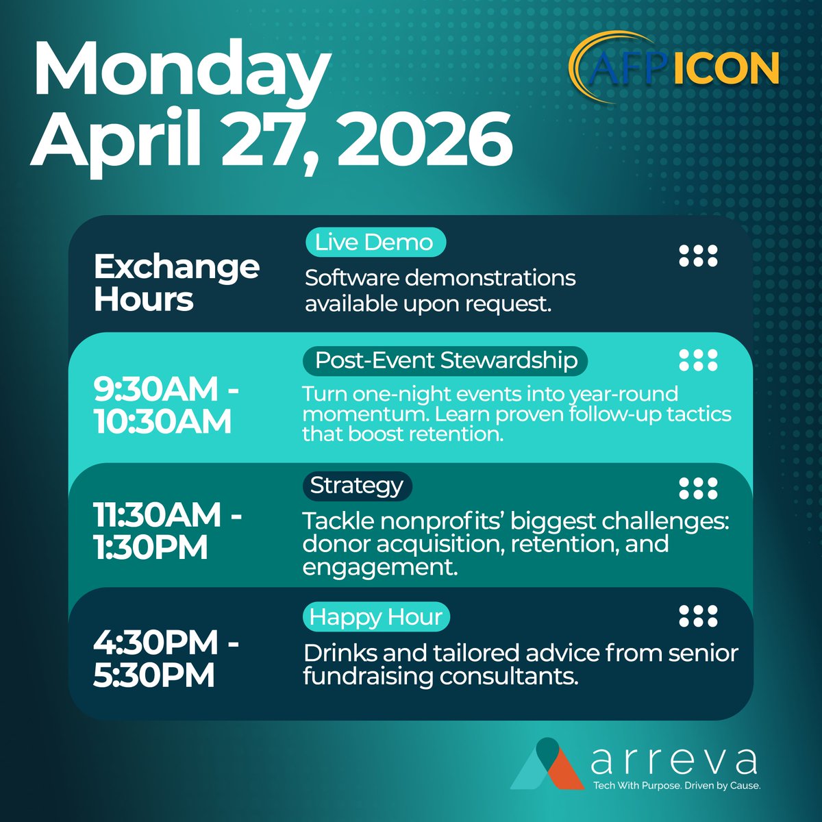 ARREVA's tweet photo. Join us at Booth 433 tomorrow at ICON for:
• 9:30am–10:30am: Turn a one-night event into year-round donor momentum. 
• 11:30am–1:30pm: Get proven strategies to grow donor acquisition, retention, and engagement.
• At 4:30pm, join us for Happy Hour. 
See you there! #AFPICON https://t.co/zdftNwXgzb