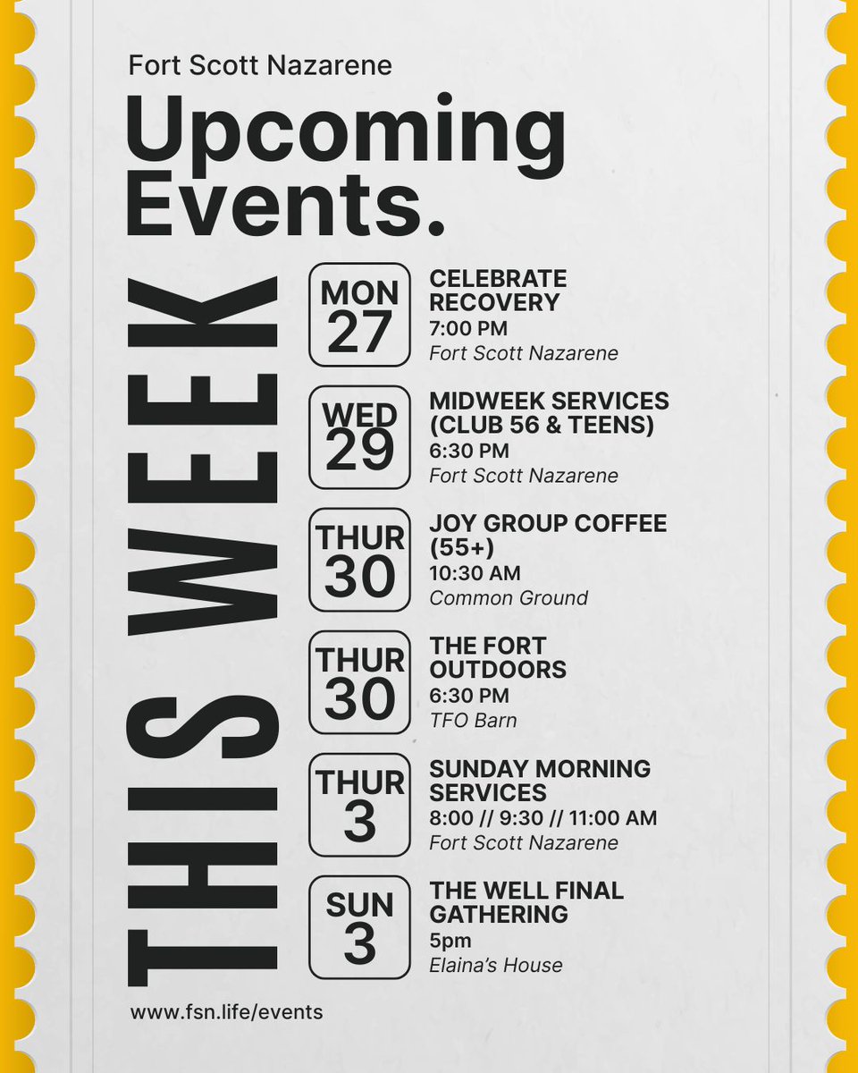 FortScottNaz's tweet photo. 📆 Mark those calendars and get ready to Encounter God, Pursue Jesus, &amp; Make an Impact with us this week! https://t.co/WqDnOR0jll