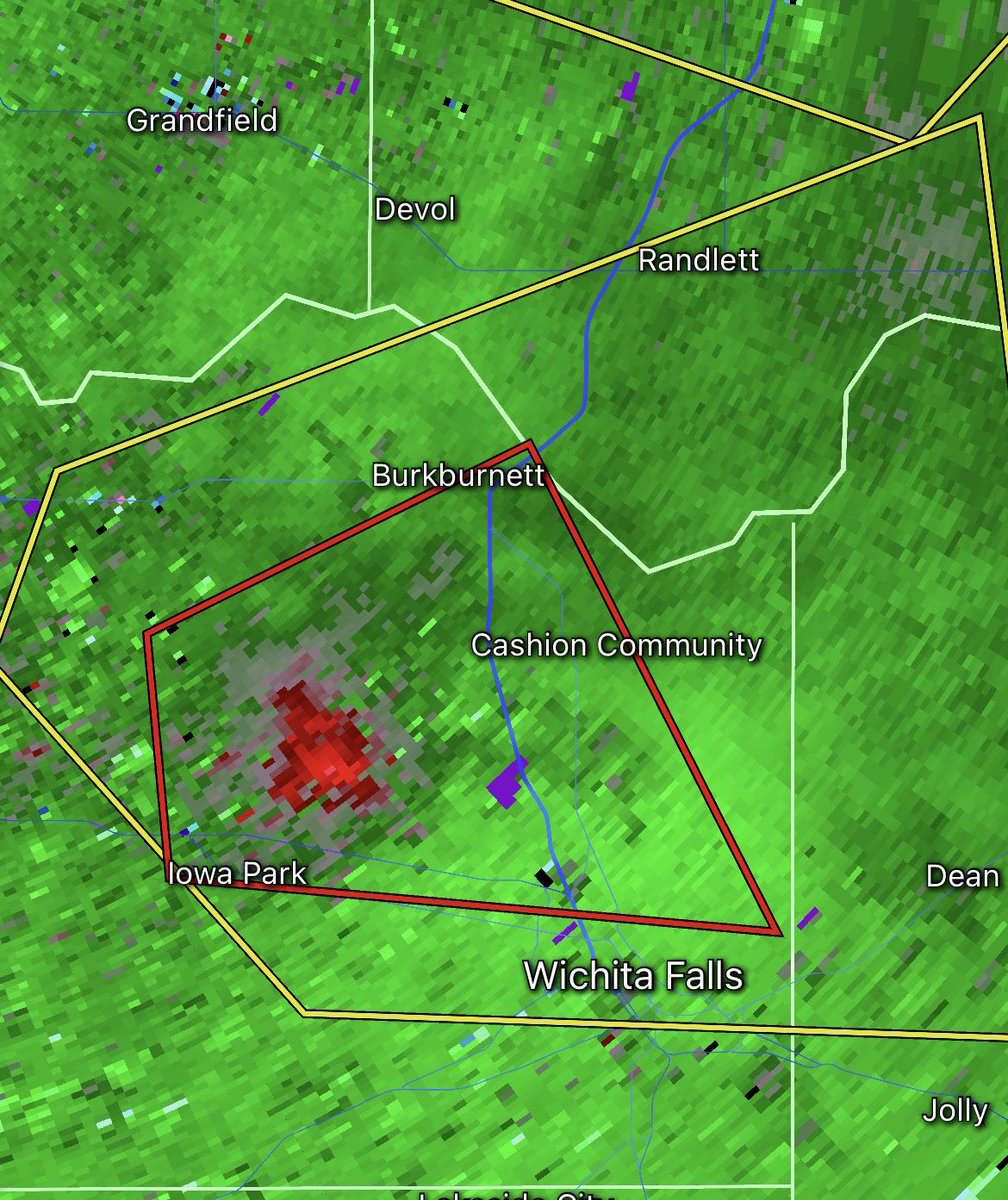 WeatherWatcherX's tweet image. Quite the hailer over Burkburnett, TX capable of producing apple size (3.00”) hail! Radar indicates rotation capable of producing a tornado.

Seek shelter now!

#tornado #weather #wxtwitter #TXwx #OKwx