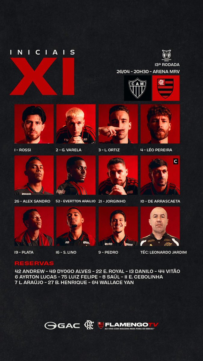 Flamengo em campo com o 11 ideal menos Paquetá. Pulgar terá que reconquistar a vaga do menino Evertton. Time para ganhar fora de casa.