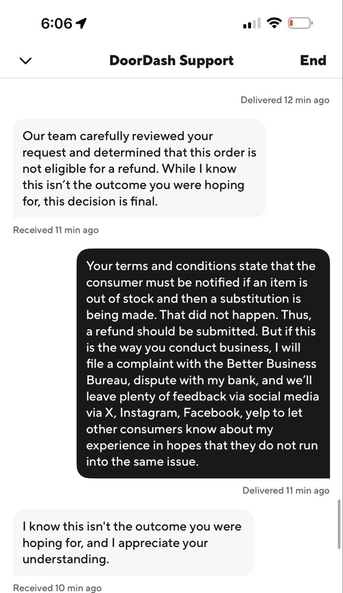 HowieD1991's tweet photo. @DoorDash  @DoorDash_Help  @DoorDashImpact 
 hoping you can help here. Below is a SS of the chat with one of your supervisors. Wrong product was dlvd , no not of sub. Requested refund with pictures and was given nothing but attitude by “Allen”. WORST CS BY FAR. https://t.co/khcRAOUHCP