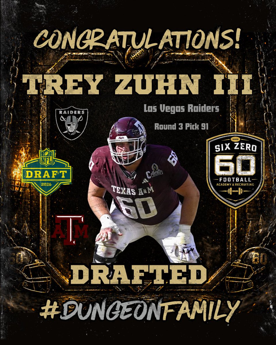 SixZeroAcademy's tweet image. RD 3 
Pick 91 of the #NFLDraft: 
@TreyZuhn is a @Raiders! @AggieFootball #OL left College Station as 1 of the 🔝 #OL in Aggie History! 
Why we grind @SixZeroAcademy! #DungeonFamily #GigEm @Zero2SixtyPod @sixzeroequip