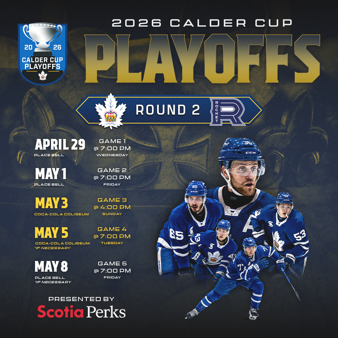 Mark your calendars!  📅😎

The Toronto Marlies will officially take on the Laval Rocket in Round 2 of the Calder Cup Playoffs.