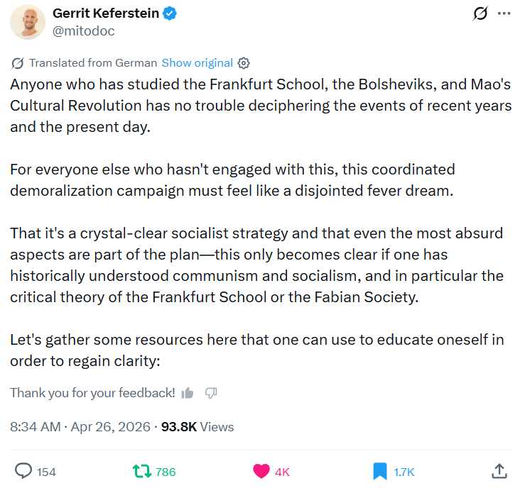 GoogleExpertUK's tweet image. Anyone who has studied Frankfurt School, Bolsheviks, &amp;amp; Mao's Cultural Revolution has no trouble deciphering events of recent years &amp;amp; present day.
Let's gather some resources here that one can use to educate oneself in order to regain #clarity
@mitodoc
x.com/mitodoc/status…
#ADA