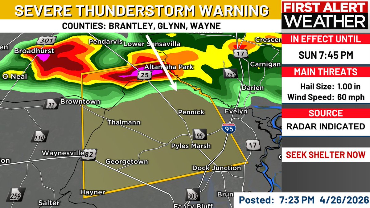WxDylanSmith's tweet image. A severe thunderstorm warning has been issued for parts of Glynn, Wayne, and Brantley counties until 7:45 PM. Right now this storm is capable of producing 60 Mph Wind Gusts And Quarter Size Hail. #stayupdated