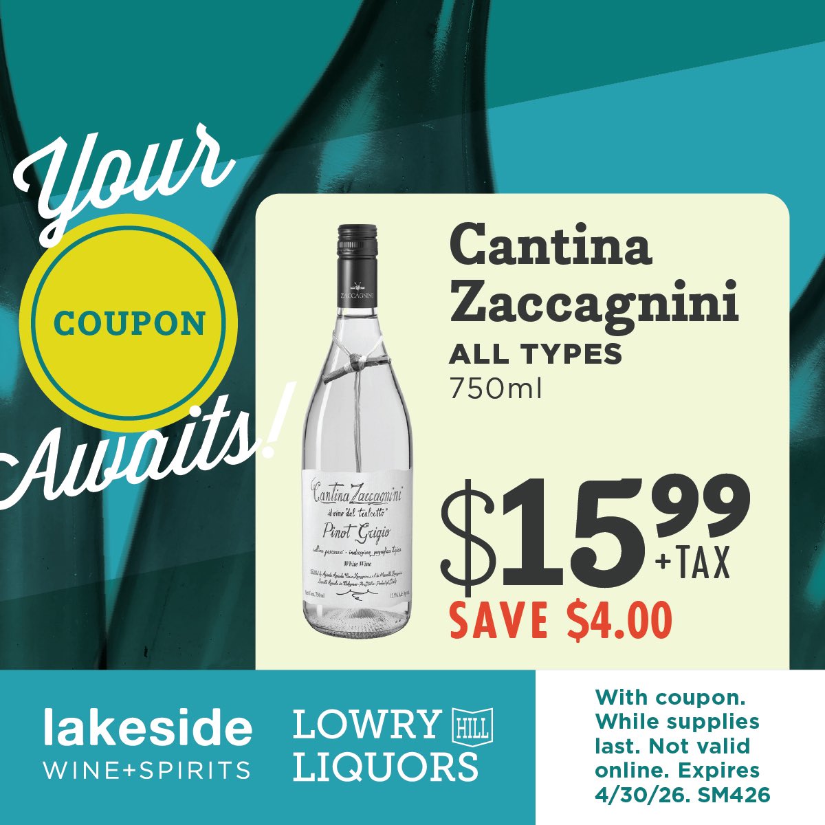 lakesidewines's tweet image. Save $4.00 on Cantina Zaccagnini All Types 750ml bottles with this virtual coupon while supplies last!

This coupon is redeemable in store only. Valid State ID required. Must be 21+ Coupon valid until 4/30/26.

#zaccagnini #pinotgrigio #wine #italian #cheers