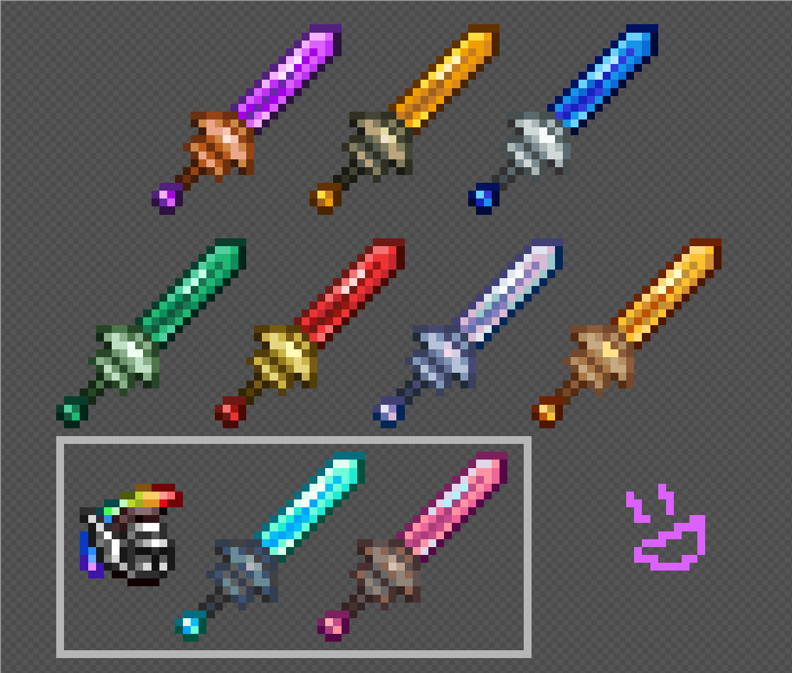 HaloExtroit's tweet photo. Lil something I had made way back in 2024, Gem longswords for every gem (with bonus Thorium gems). May touch up their blades/handles to be more varied in design for each gem but we'll see. Hopefully I can return to sharing more passion stuff.
#Terraria #tmodloader #pixelart https://t.co/mmxxnnoBNg