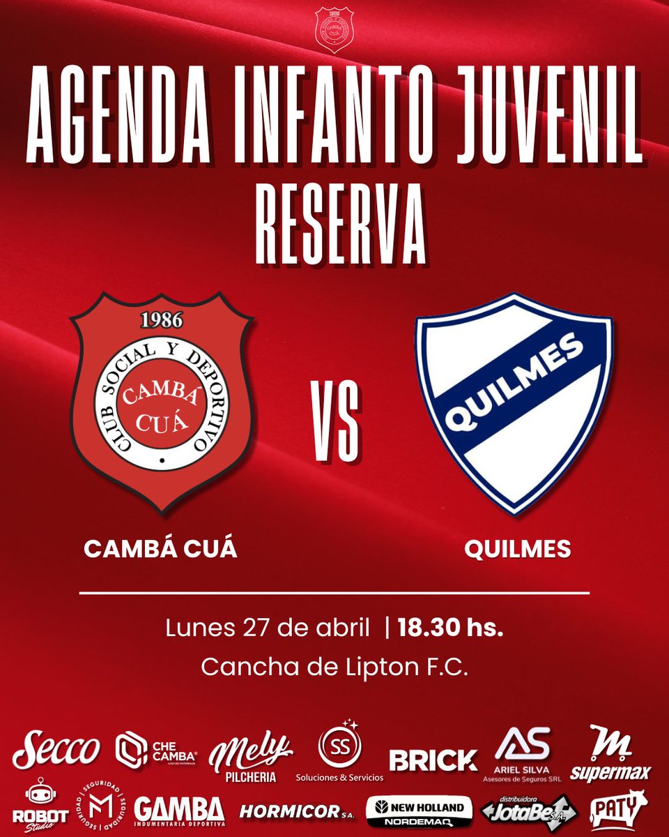 👉🏼 Debido al estado de los campos de juego, se realizaron cambios en la programación y la Reserva del Camba mañana jugará ante Quilmes en el estadio del club Lipton 🏟 desde las 18.30 hs. 🕡

🗣 Vamos a alentar a los pibes del Camba‼️

#CambáCuá40Años