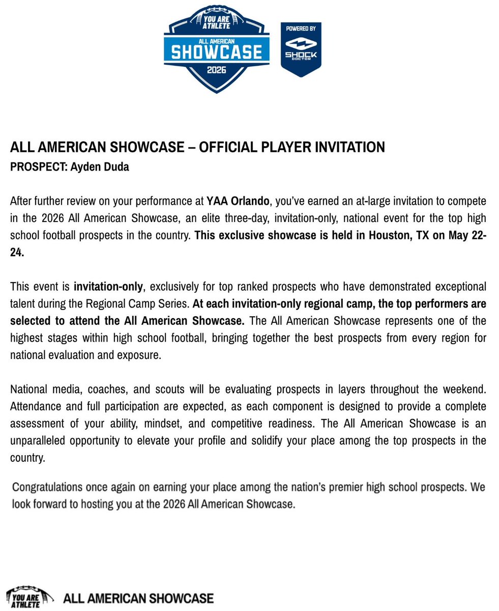 aydenduda2029's tweet image. Trust the process.  This year as a freshman I was able to compete with the upper class at @youareathlete in Orlando.  At the time I didn't walk away with an invite to Texas like last year but I learned a lot from @HitStick_4  and carried it forward.  Today I received an at large