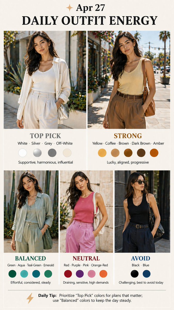 kunhaoguoxue's tweet image. Welcome to today's DAILY OUTFIT ENERGY(Apr 27), your daily guide to align your outfit with the five elements energy. #DailyOutfitEnergy #DailyOutfit #FengShuiTips #DailyEnergy #OutfitInspo #EnergyAlignment #EnergyOutfit