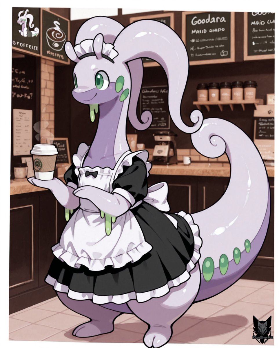 KitsuSilverFox's tweet photo. I see you like Goodra, I hope you like my version of her in her Maid outfit. @gyonge https://t.co/e7lveqWqDR
