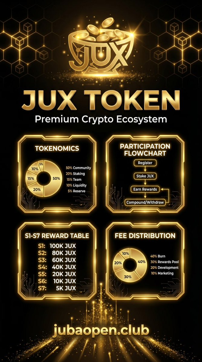 TokenJux's tweet image. JUX is building a Web3 ecosystem for digital assets, crypto card access, on-chain participation, and community-driven growth.

Official JUX Links:
jubaopentoken.com
#JUX #Web3 #DApp #Crypto