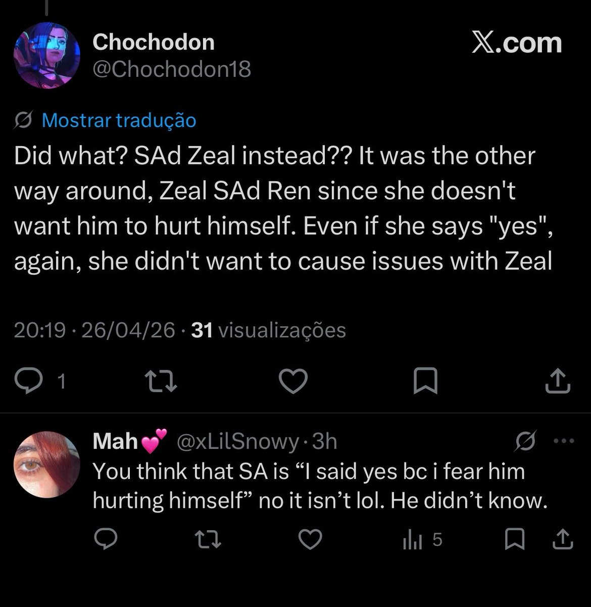xLilSnowy's tweet image. #Pressure #Zeal “Zeal SAd #Ren since she doesn’t want him to hurt himself” – that’s SA now? How it’s his fault Ren saying yes with fear of him hurting himself? Why would he? Since when that’s excuse to accuse him?? He literally accepted when she said “No” one time. Come on.