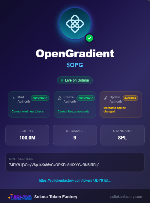 soltokenfactory's tweet photo. 🚀 New token launched on Solana!

📌 OpenGradient • Ticker: OPG
💰 Supply: 100.0M
🔒 Mint Revoked | 🔒 Freeze Revoked ✅

👉 https://t.co/F2RX1PA9WV

Create your own SPL token 👇
https://t.co/KlTPbJmT4x

#Solana #OPG #SPLToken #DeFi https://t.co/29Prvud3LN