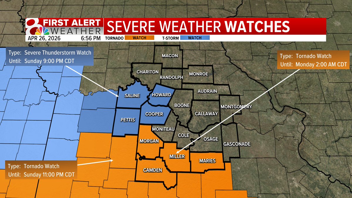 KOMUMatt's tweet image. 6:56PM Sunday: A Tornado Watch has been issued for Camden, Morgan, Miller, and Maries County until 2AM Monday.

A Severe Thunderstorm Watch is in effect for Howard, Cooper, Saline. &amp;amp; Pettis County until 9PM Sunday.#MidMoWx #MoWx #MidMo
