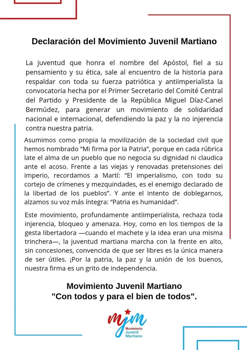 🇨🇺| Declaración del Movimiento Juvenil Martiano.

✊| "Con todos y para el bien de todos".

#MJMCuba #EnJulioComoEnEnero