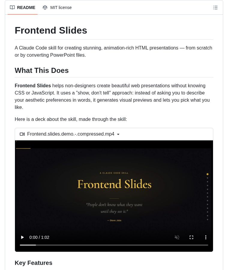 chenzeling4's tweet image. 🔥 GitHub Trending (Refresh)

Frontend Slides: Claude Code skill for stunning HTML presentations. Zero deps, single HTML files. Visual style discovery with previews. PPT conversion. Anti-AI-slop curated styles. Accessible, responsive.

15,724 stars
#ClaudeCode #Presentations