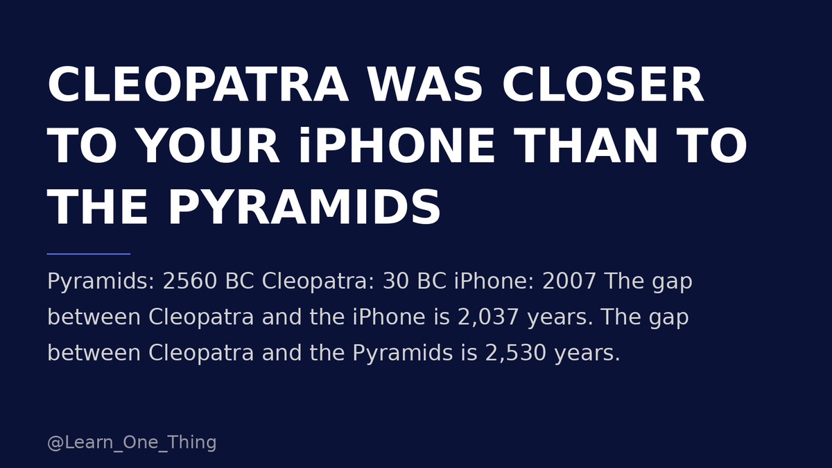Learn_One_Thing's tweet photo. Cleopatra lived closer in time to the iPhone than to the Pyramids.

Pyramids built: 2560 BC
Cleopatra died: 30 BC
iPhone released: 2007

The gap to the iPhone: 2,037 years.
The gap to the Pyramids: 2,530 years.

History is not as old as you think it is. https://t.co/OxxsdLLIs3