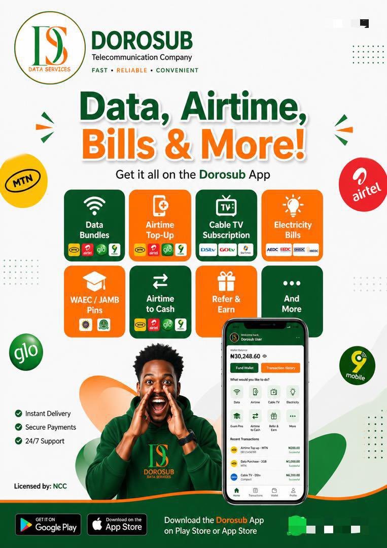 Dorosub0's tweet photo. Stay connected with Dorosub Telecommunication Company.
We provide affordable data bundles, airtime top-up, airtime to cash and cable subscriptions with fast and reliable service.

📞 08036908022 https://t.co/GkLMbZu6XR